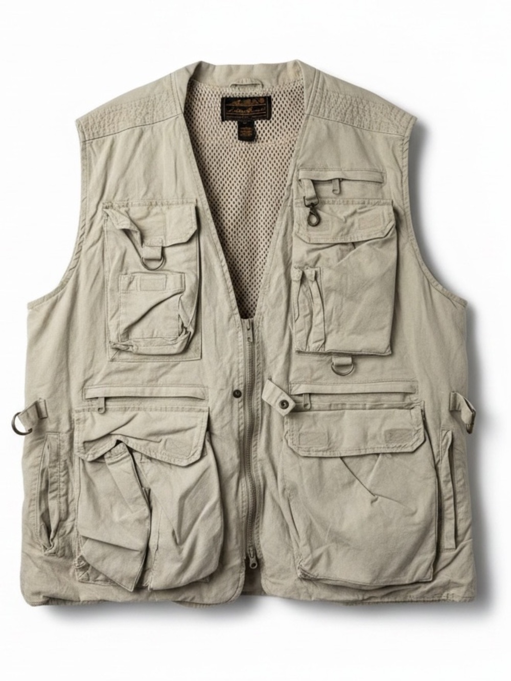 Vintage Eddie Bauer Cotton Multi Pocket Fishing Vest Mens Size L Khaki Safari